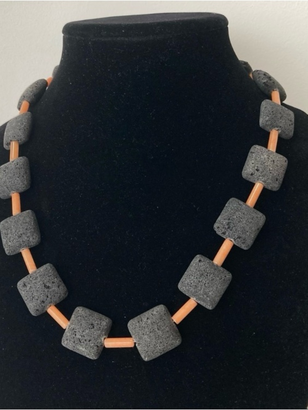 Statement Gray Black Lava Square Stone Necklace with Carnelian Accents